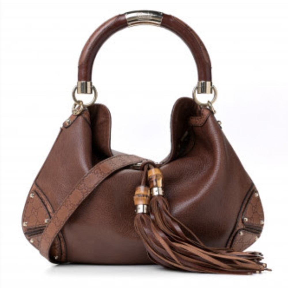 GUCCI Calfskin Medium Indy Top Handle Bag Brown